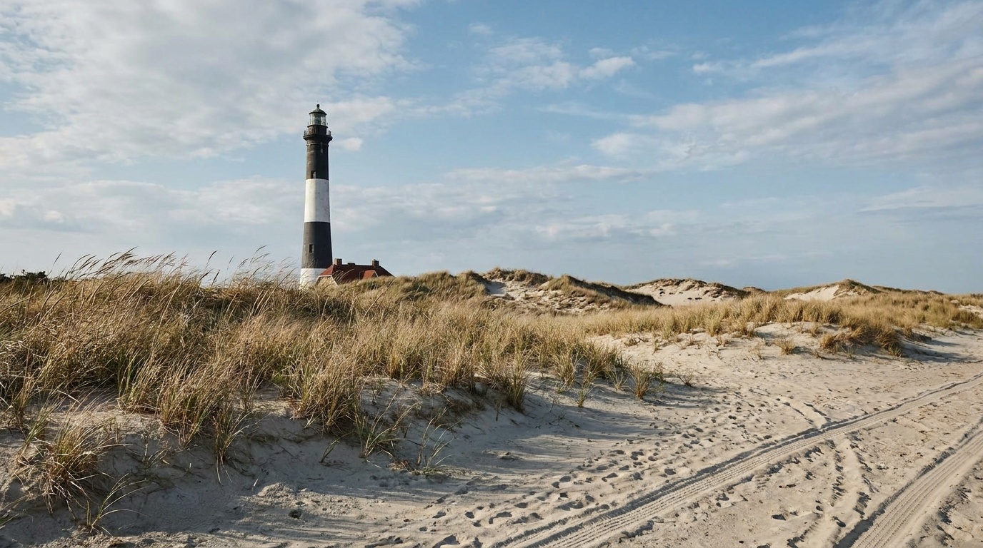 The black-and-white striped 1858 Fire Island Lighthouse rising above beach grass and rolling dunes under a blue summer sky