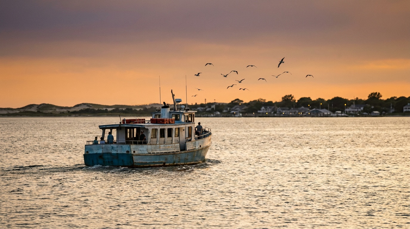A small passenger ferry crossing the calm Great South Bay toward Fire Island at golden hour, Long Island shoreline behind, gulls overhead, classic seaside day-trip mood