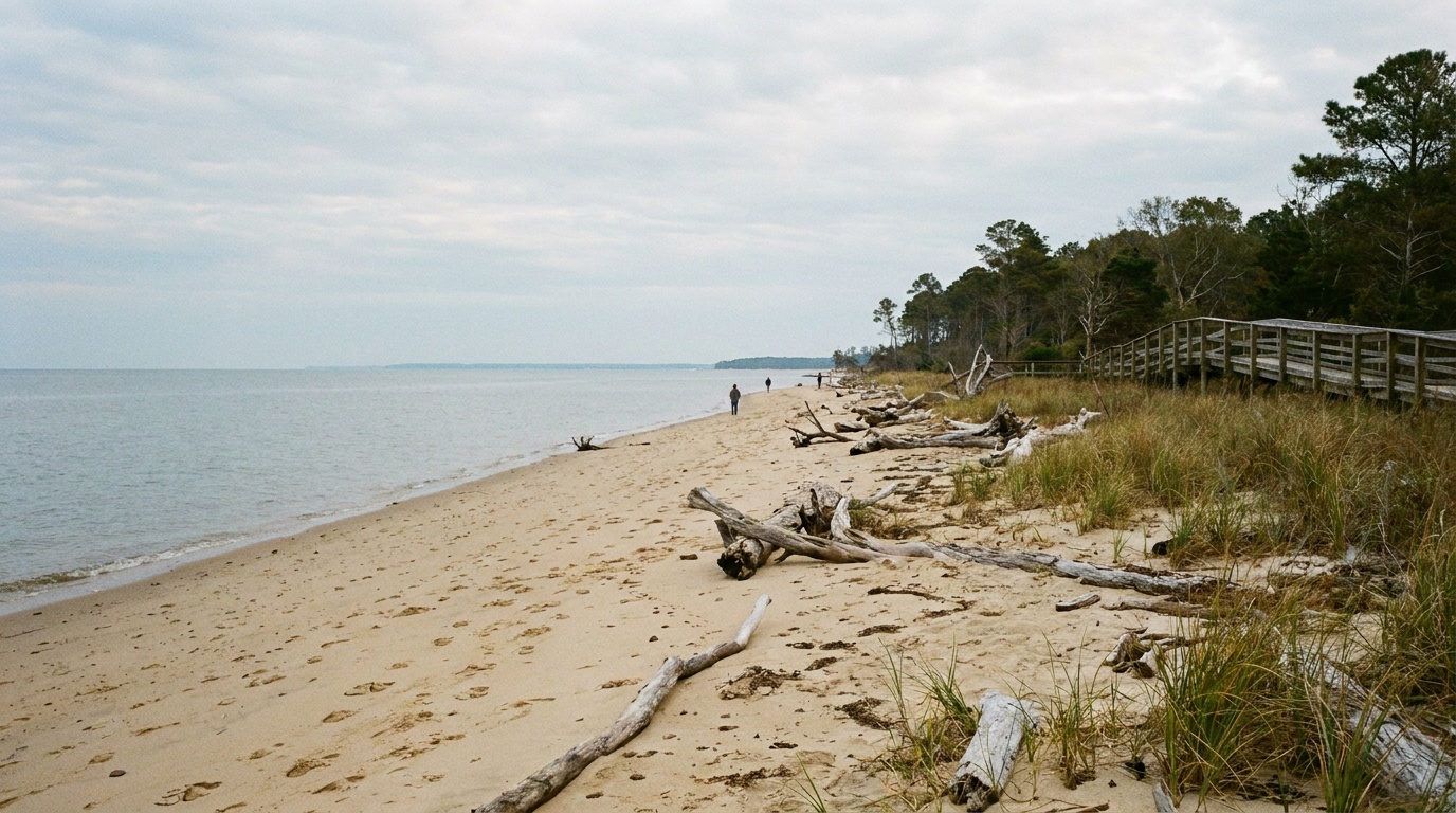 The calm Chesapeake Bay beach at First Landing State Park