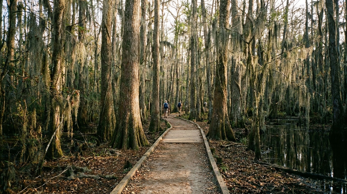 Moss-draped bald cypress along the Bald Cypress Trail