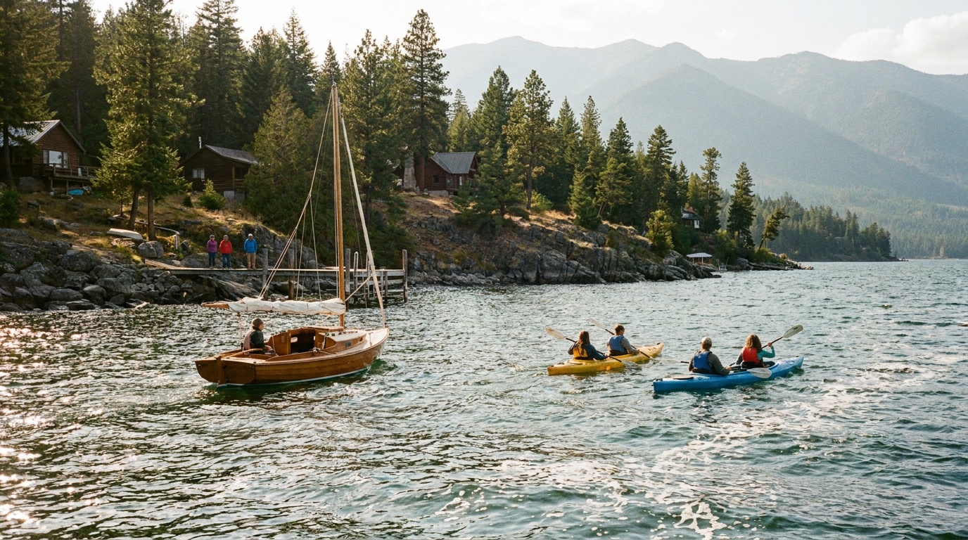 A sailboat and kayaks on the sparkling water of Flathead Lake near a forested western shore, recreation on the largest lake in the western US