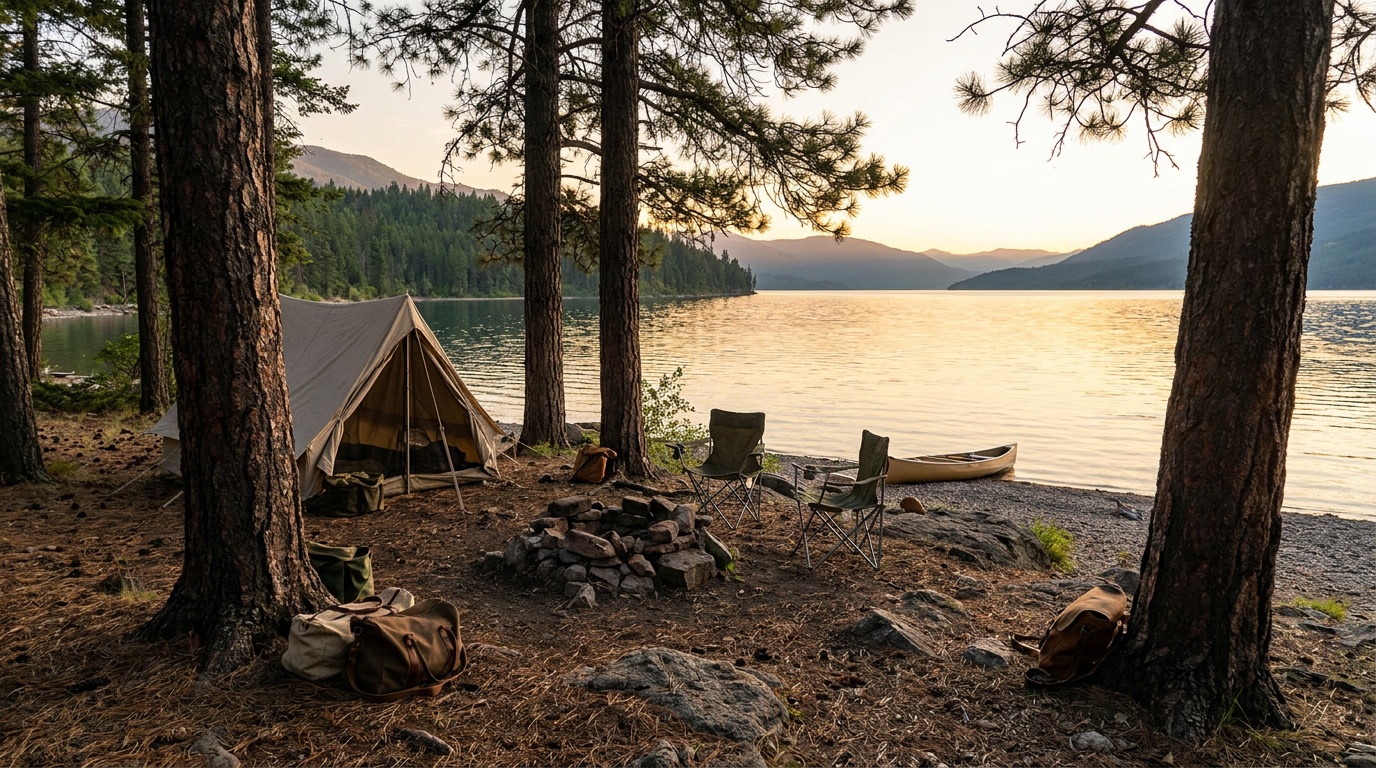A lakeshore campsite at the Wayfarers unit among ponderosa pines on a rocky point overlooking Flathead Lake, calm evening light