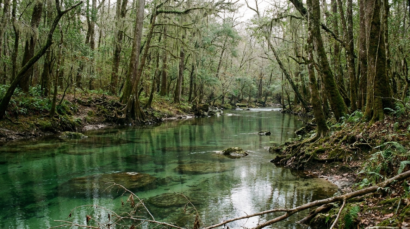 The spring-fed Chipola River winding through a shaded hardwood floodplain forest at Florida Caverns State Park, clear green water, mossy banks