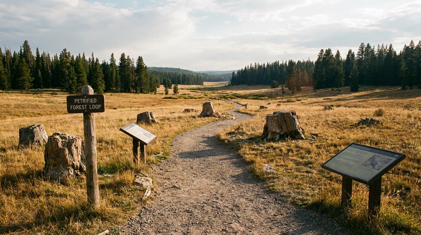 The flat gravel Petrified Forest Loop trail crossing a high grassland meadow at 8,400 feet, petrified stumps and interpretive signs, pine-ringed valley, afternoon light