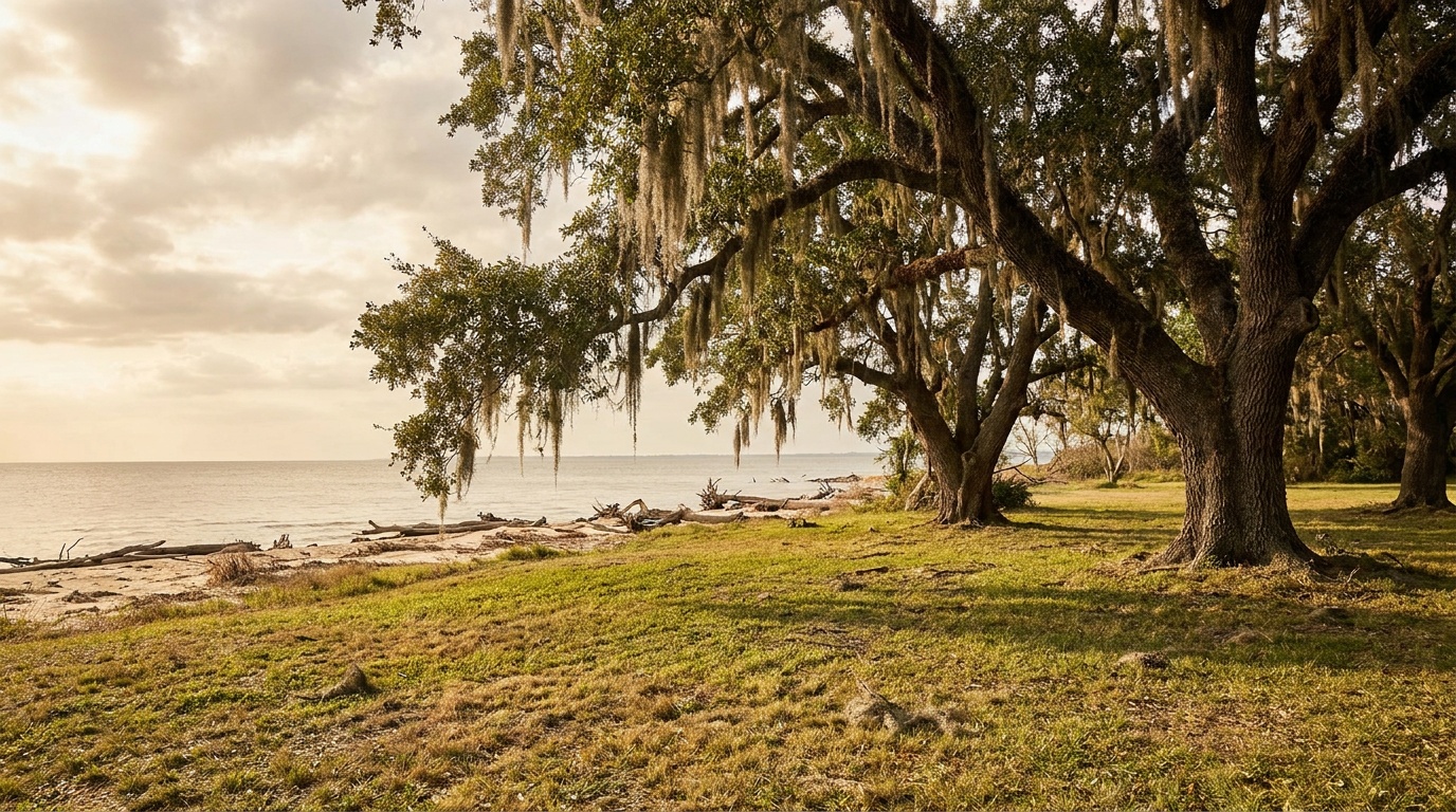 Massive live oak trees draped with Spanish moss arching over a grassy lawn near the Lake Pontchartrain shoreline at Fontainebleau State Park, warm late-afternoon light