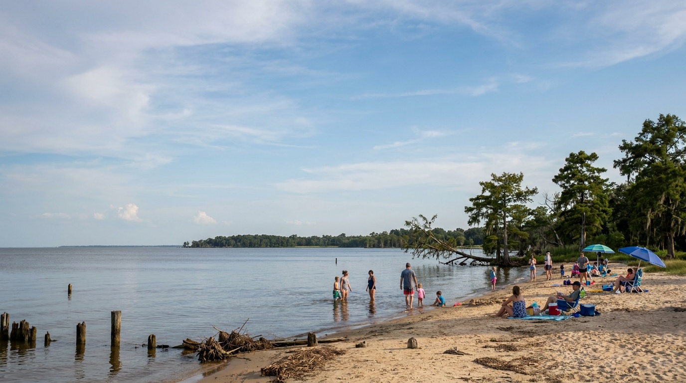 The sandy swimming beach on the north shore of Lake Pontchartrain at Fontainebleau, calm water, scattered families, a wide blue sky