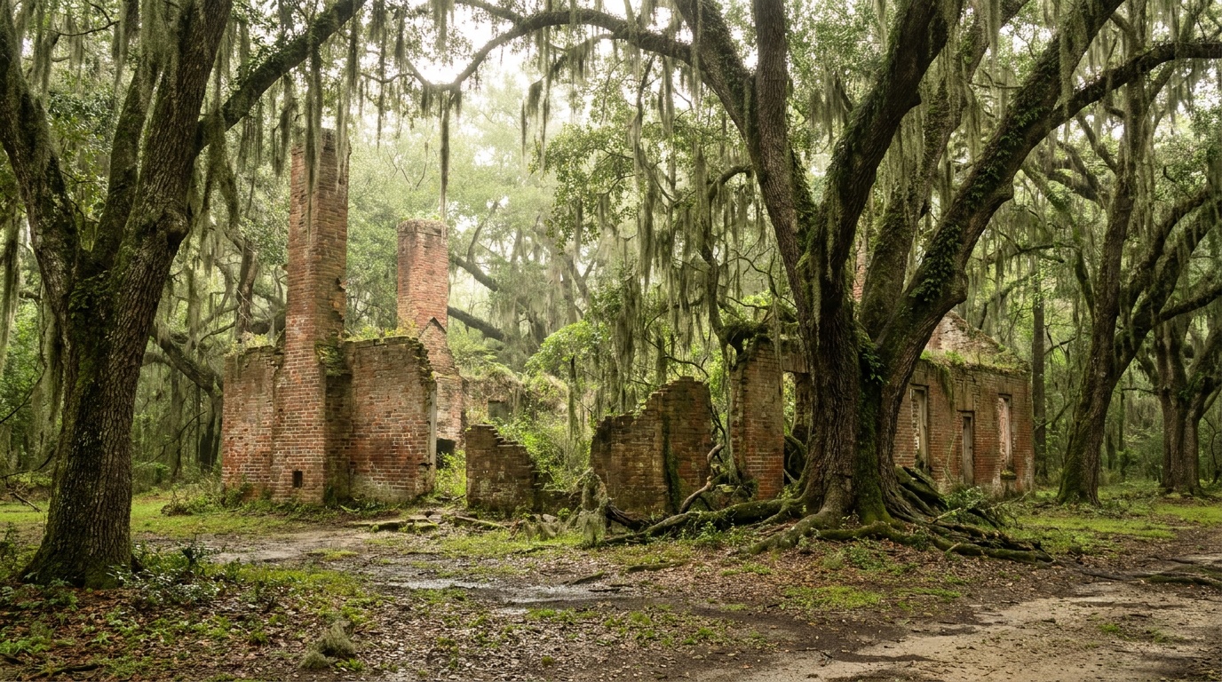 The crumbling red-brick ruins of the 1829 sugar mill at Fontainebleau State Park standing among towering moss-hung live oaks, soft green light