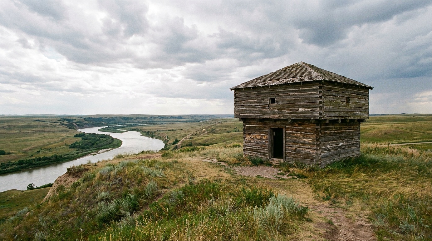 A wooden infantry blockhouse on a grassy bluff overlooking the wide Missouri River valley at Fort Abraham Lincoln State Park, sweeping prairie views, dramatic clouds