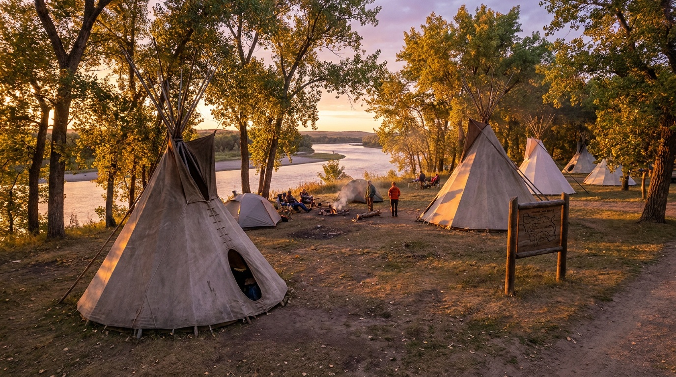 Canvas tipis set up in a riverside campground among cottonwood trees along the Missouri River at Fort Abraham Lincoln State Park, warm sunset light, Mandan North Dakota