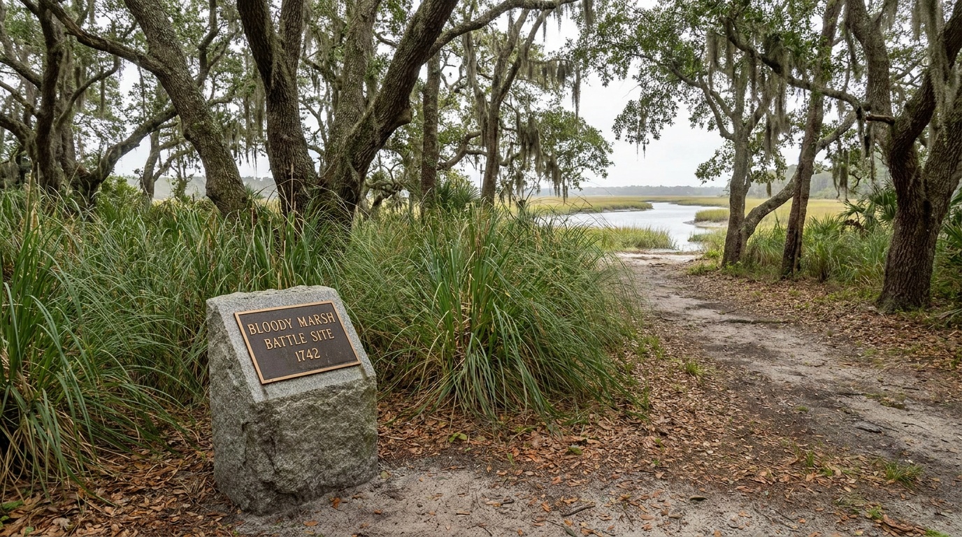 A quiet monument and marker at the Bloody Marsh battle site, oaks and marsh grass, peaceful coastal Georgia setting