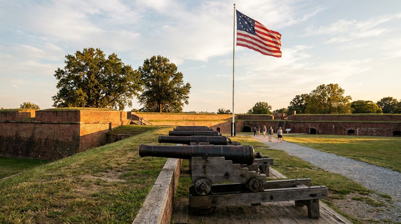 Row of historic cannons on the green parade ground inside Fort McHenry's brick walls, the large garrison flag overhead, warm afternoon light