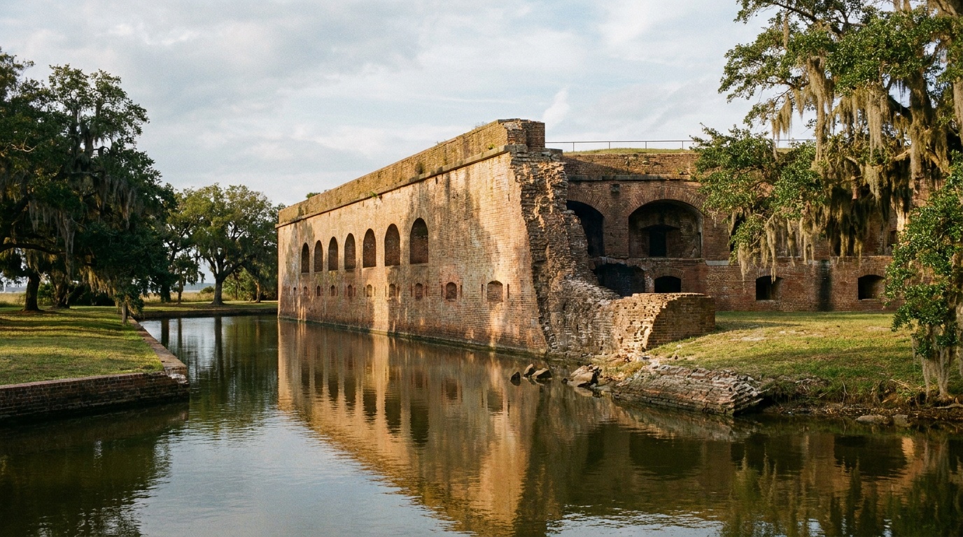 Fort Pulaski's massive brick walls and arched casemates reflected in the moat, the breached southeast wall visible, golden late-afternoon coastal light, Spanish moss and live oaks nearby