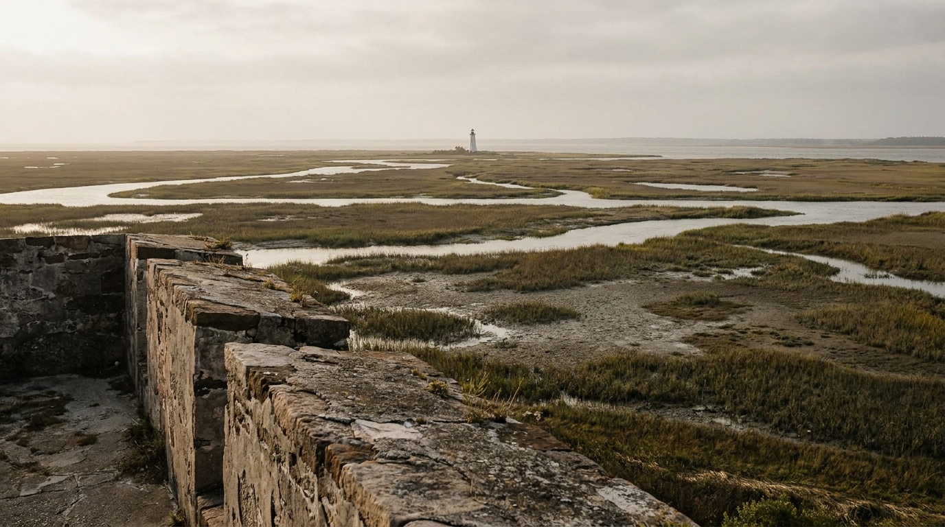 View from the fort ramparts over Cockspur Island salt marsh toward the distant Cockspur Island Lighthouse, tidal creeks winding through green marsh grass, coastal Georgia haze
