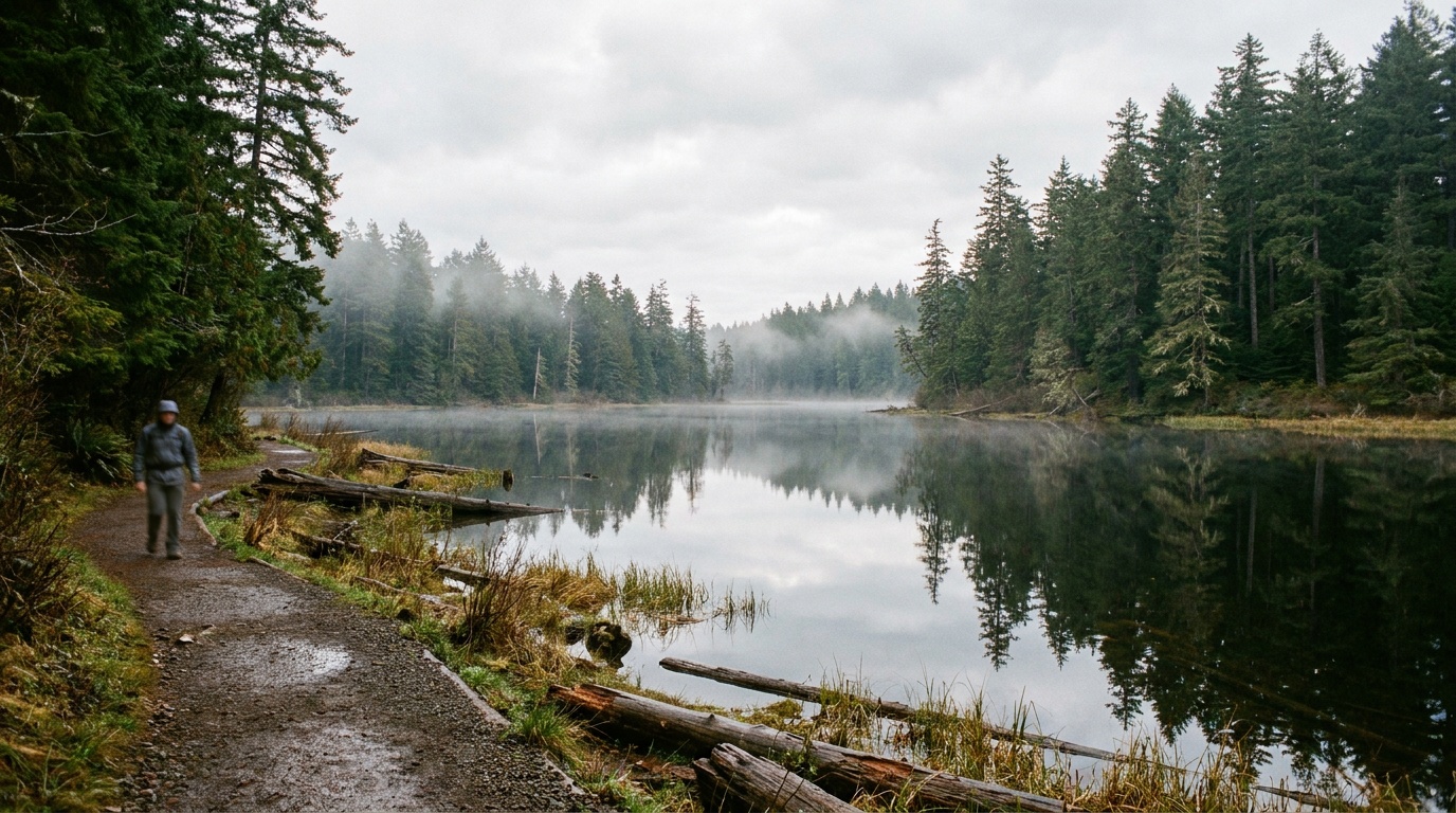 Calm freshwater Coffenbury Lake ringed by dense green coastal forest with a flat shoreline trail, reflective water on a still morning