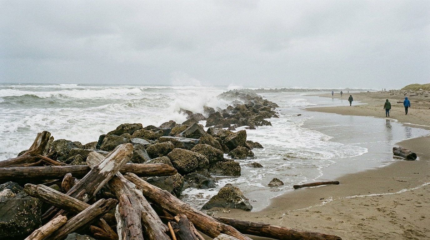 Big surf and driftwood along the South Jetty where the Columbia River meets the Pacific Ocean, wind-blown spray, moody coastal sky