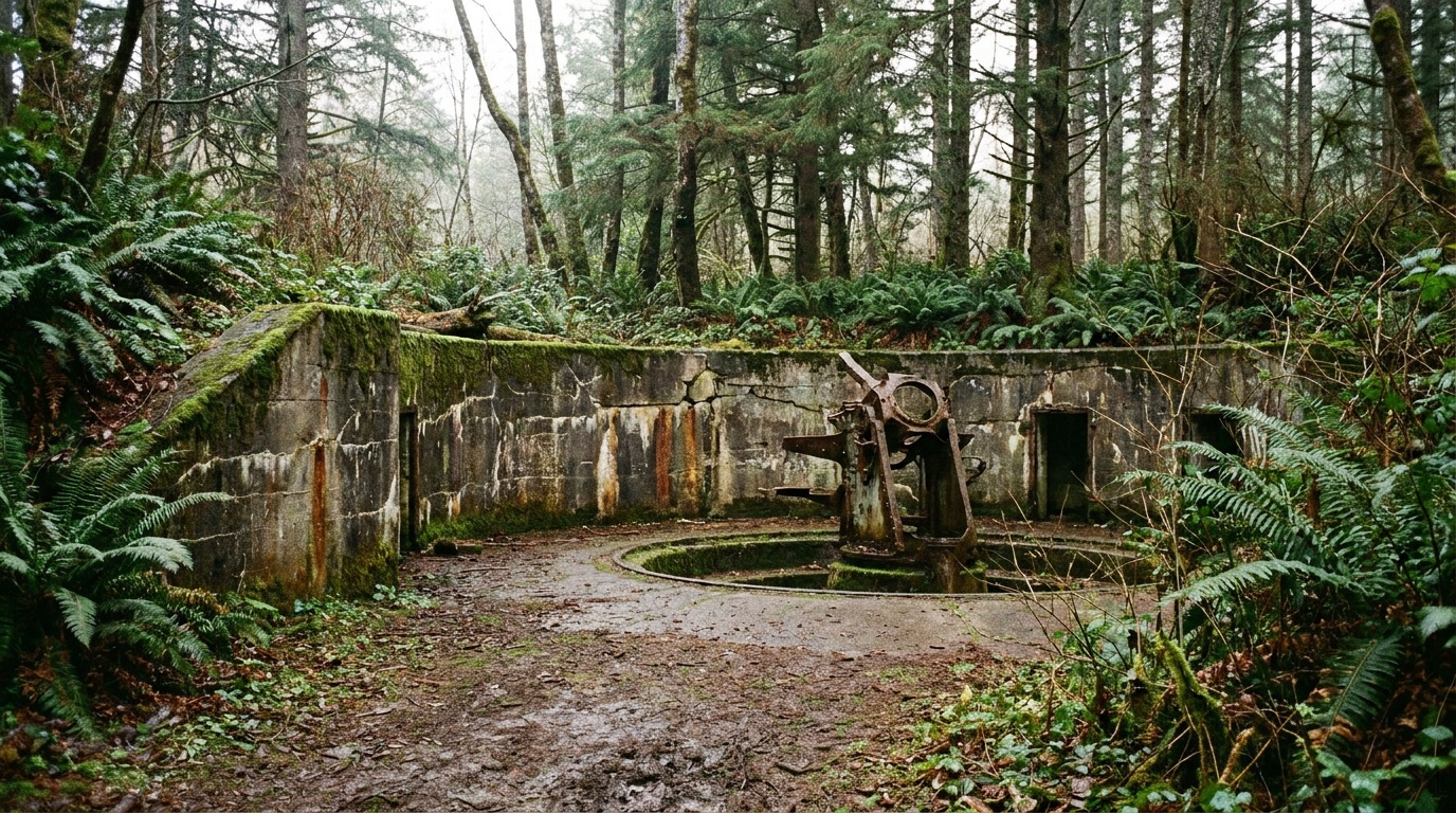 A moss-covered concrete World War II coastal artillery battery emplacement in the forested historic military area of Fort Stevens, soft overcast light, weathered gun mount