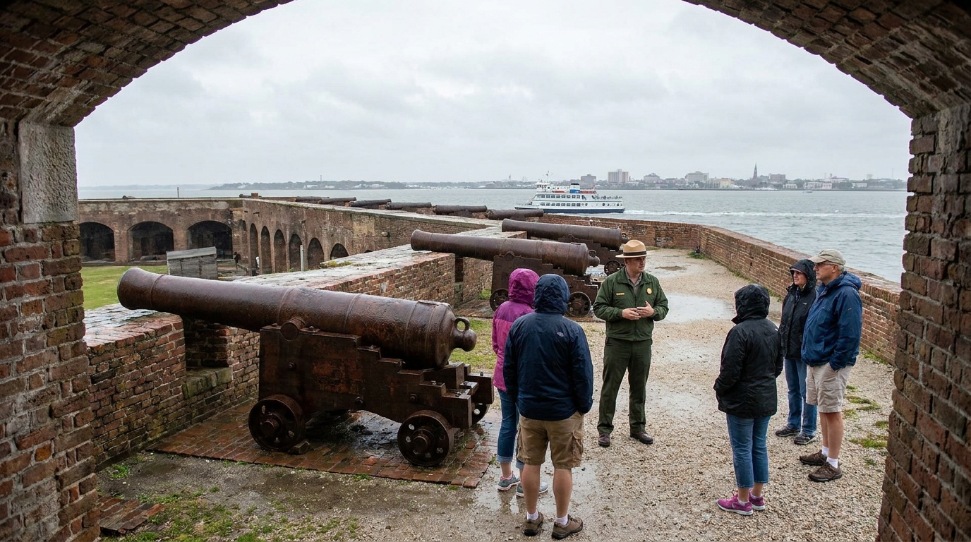 Inside Fort Sumter, historic cannon and gun emplacements along the brick ramparts, visitors and a park ranger, Charleston Harbor beyond the walls
