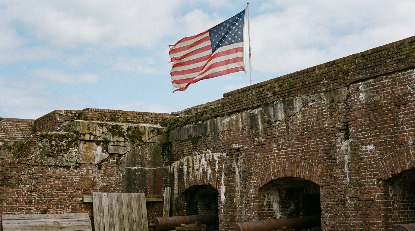 Close view of Fort Sumter's weathered brick walls with a large garrison flag overhead against a blue Lowcountry sky