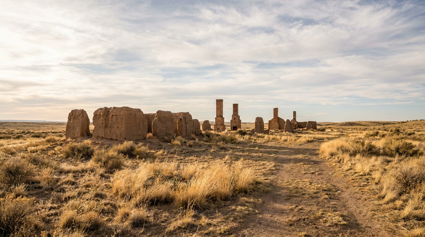 Crumbling adobe walls and lone brick chimneys of Fort Union standing on the open high-plains prairie under a vast cloud-streaked New Mexico sky, golden grass