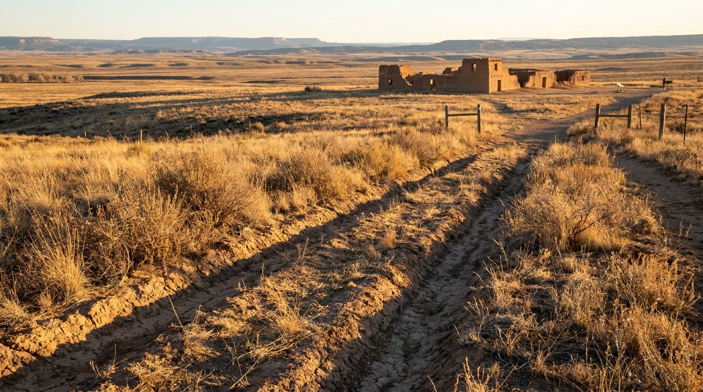 Deep parallel ruts of the Santa Fe Trail cutting across the prairie grass beside Fort Union, low raking sunlight emphasizing the wagon traces