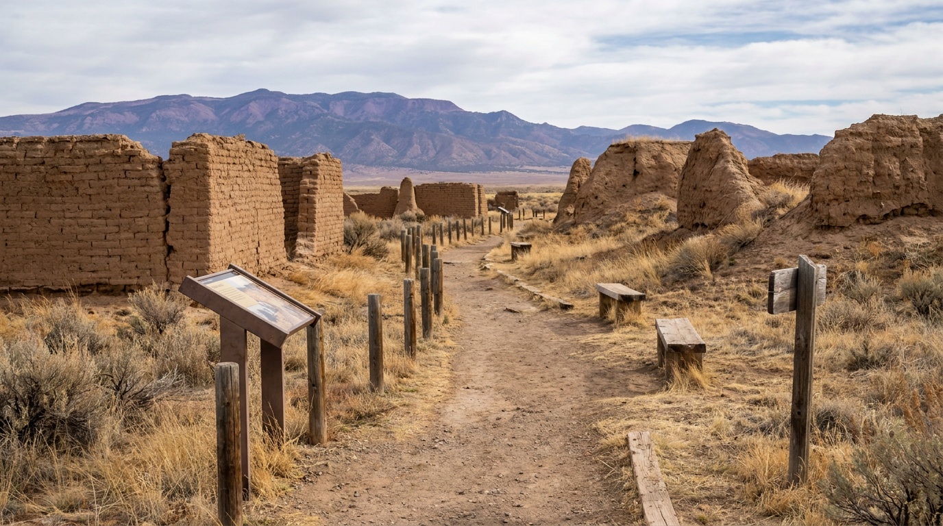 The self-guided interpretive trail winding through the standing adobe ruins of Fort Union, weathered walls and grass, distant mountains on the horizon