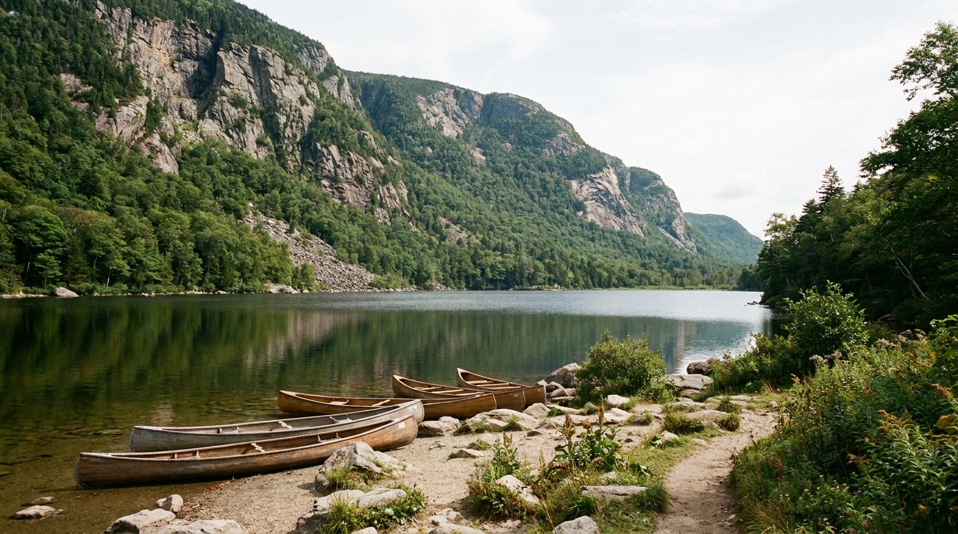 Echo Lake with Cannon Mountain cliffs behind