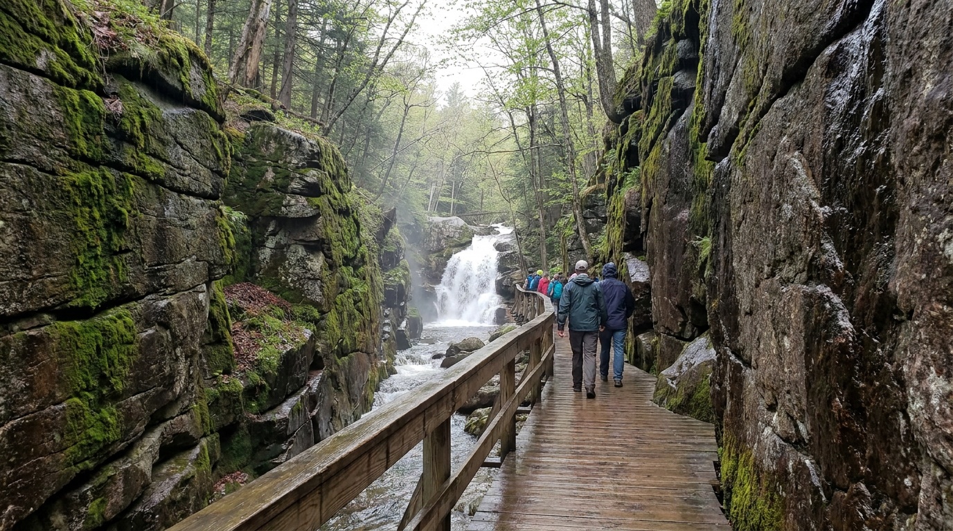 Flume Gorge boardwalk between granite walls toward Avalanche Falls