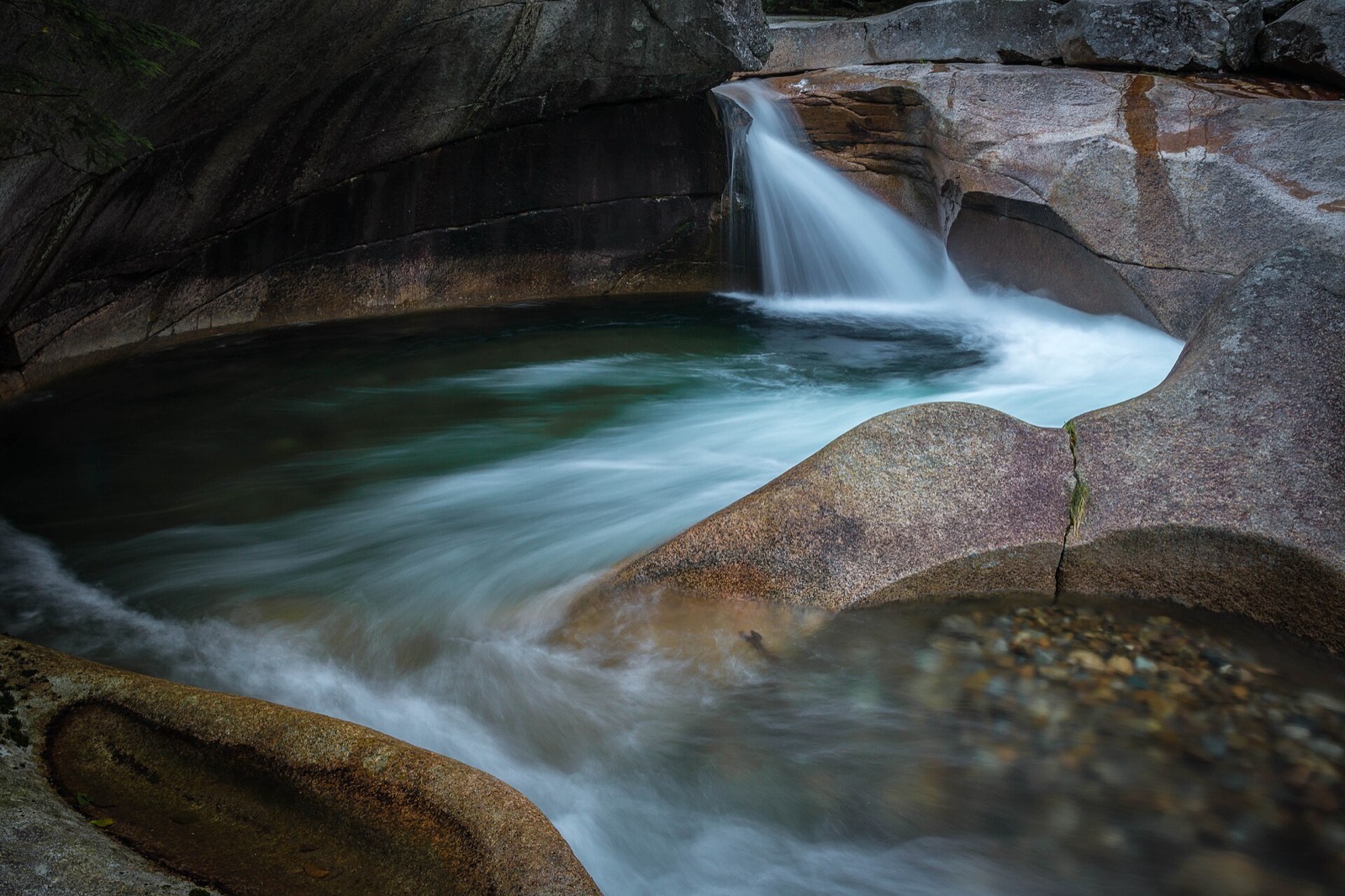 The Basin, a glacial pothole in pink granite where the Pemigewasset River drops into a swirling green pool