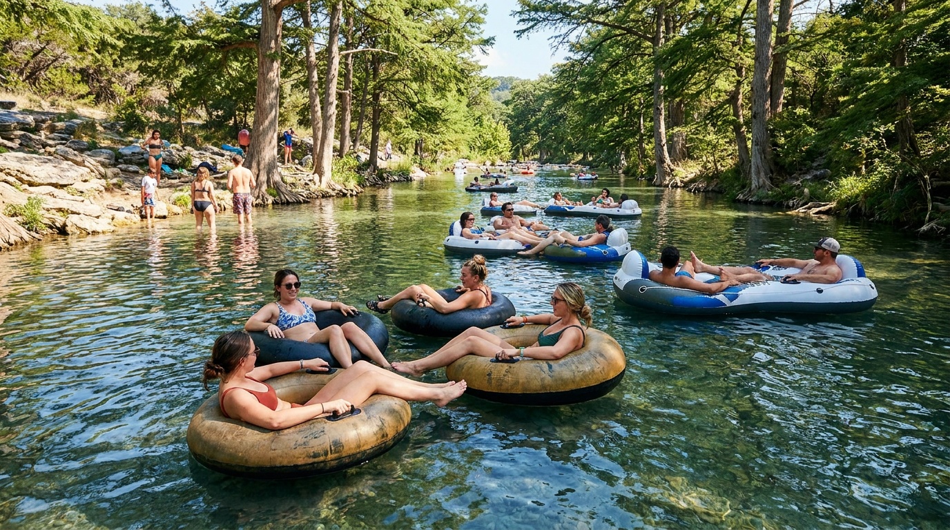 Swimmers and tubers floating the Frio River in summer