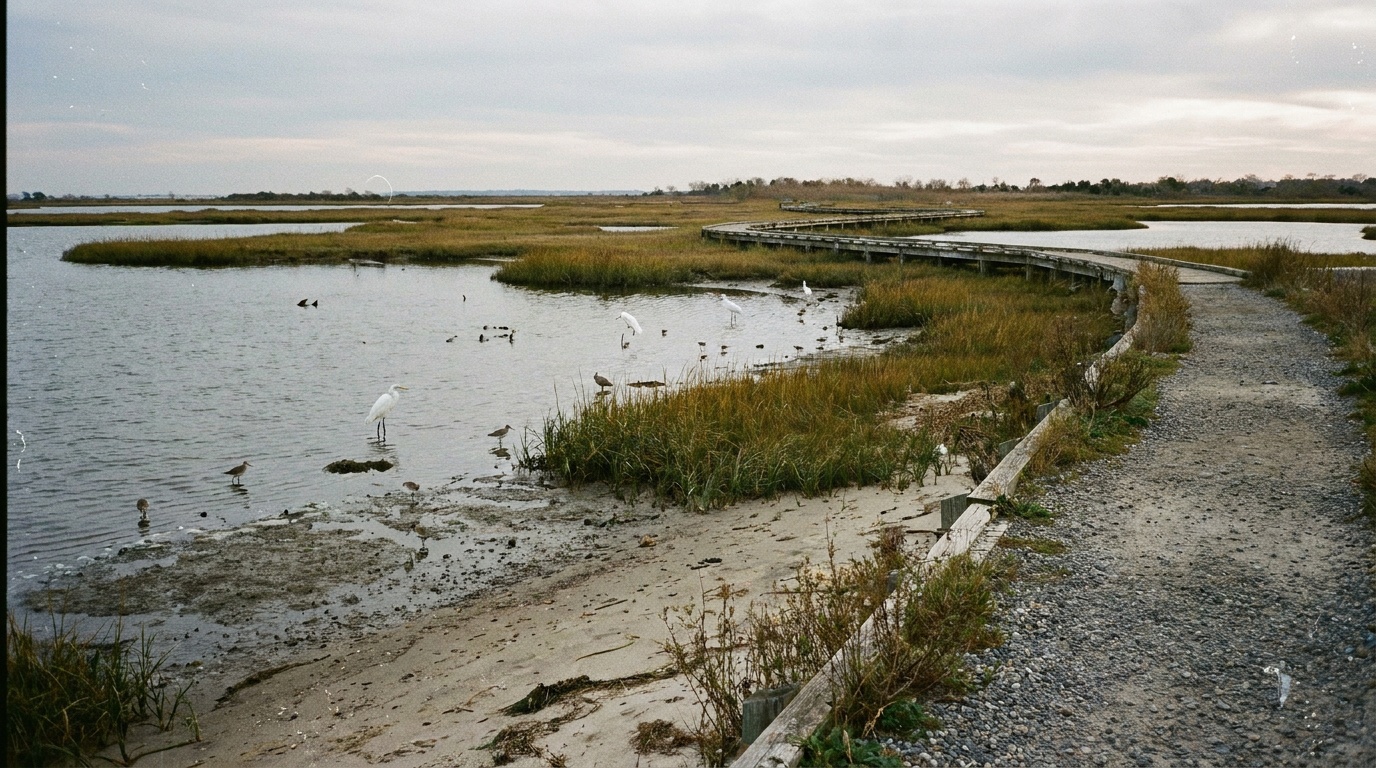 Tidal ponds and trails of the Jamaica Bay Wildlife Refuge with shorebirds