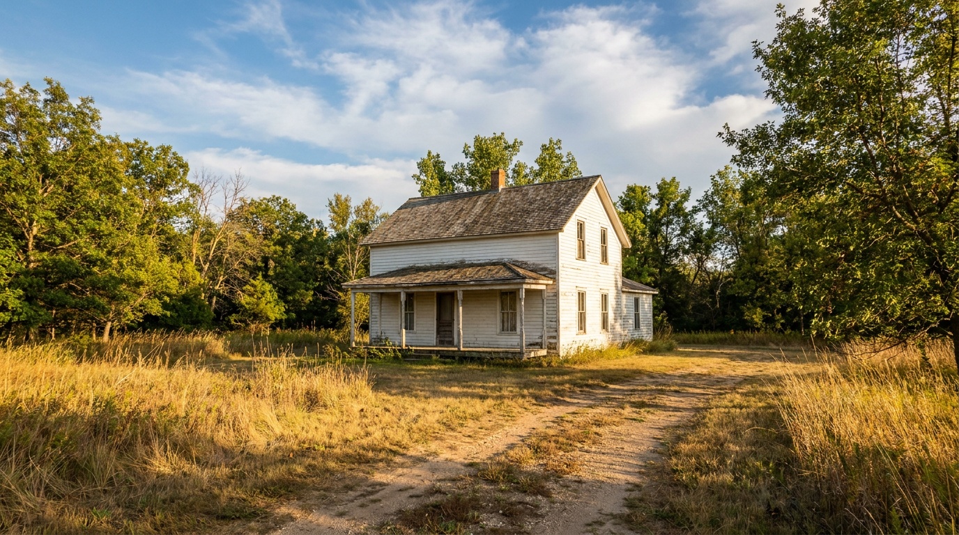 The restored 1881 Moses Carver house, a white frame farmhouse in a clearing surrounded by green prairie and trees, blue sky, warm afternoon light