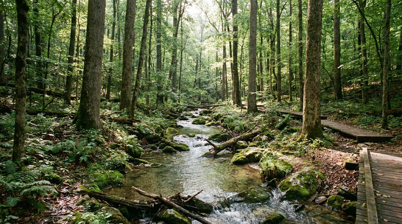 A clear spring and small stream in the woods of the monument where Carver explored as a child, mossy banks, green ferns, sunlight filtering through the canopy