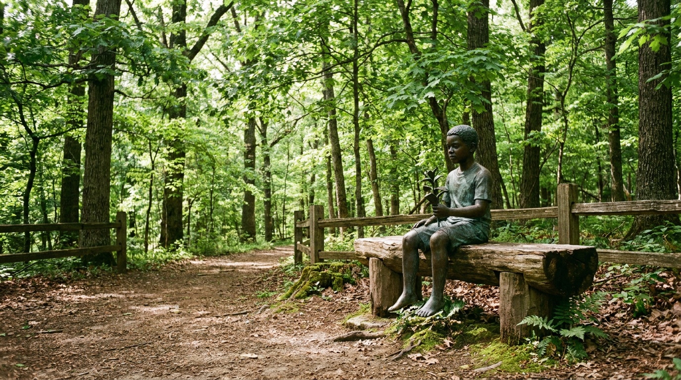 The bronze statue of young George Washington Carver as a boy along the wooded nature trail, dappled sunlight through green leaves, peaceful Missouri woodland