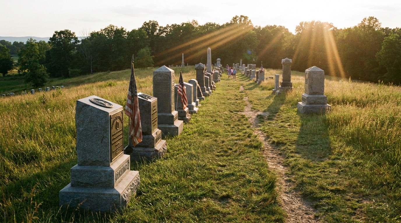 Rows of weathered regimental monuments along Cemetery Ridge at Gettysburg, warm light raking across the grass at golden hour
