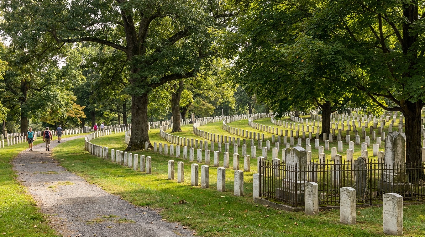 The Soldiers' National Cemetery at Gettysburg, uniform white headstones in concentric arcs under tall shade trees