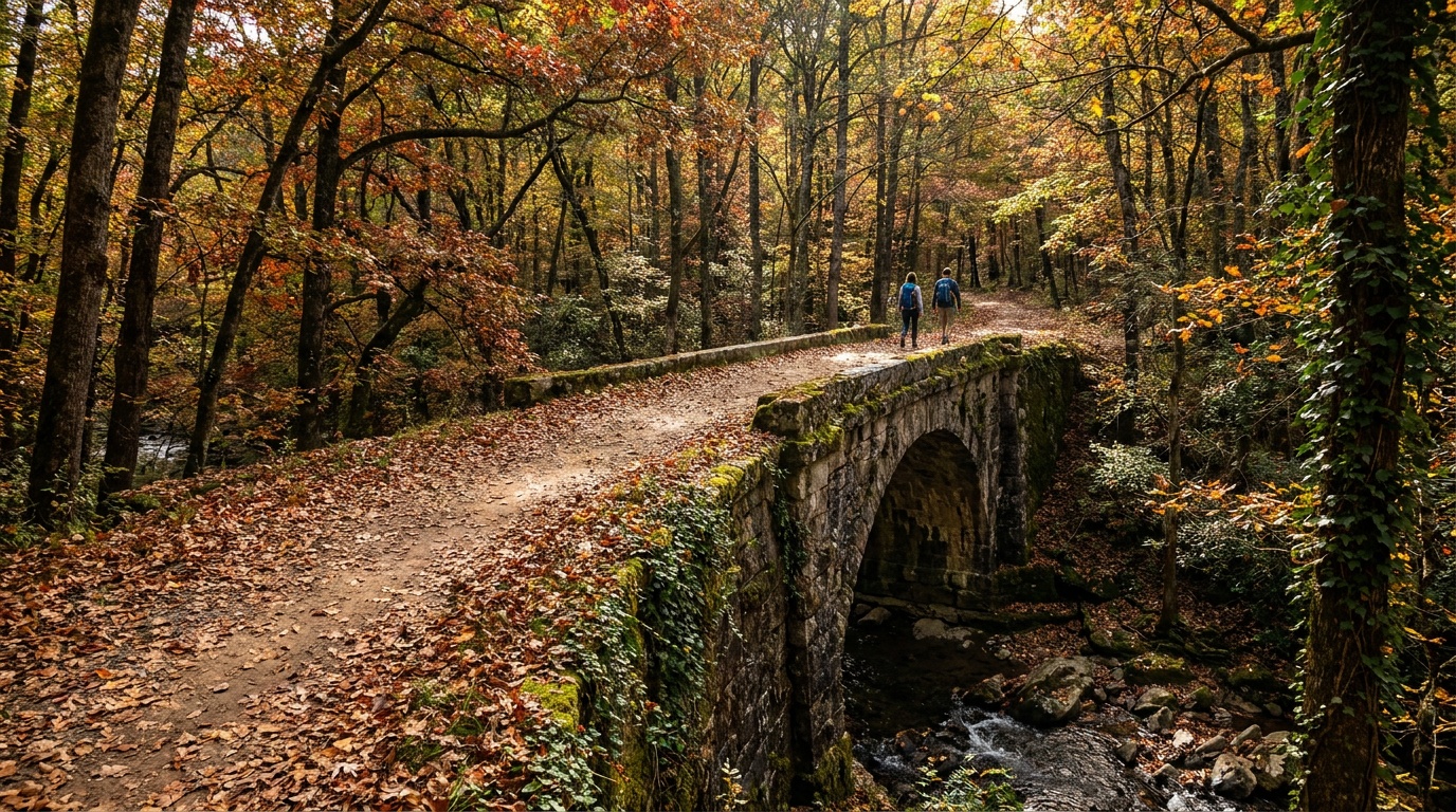 A gentle wooded trail along the old narrow-gauge railroad bed at Gillette Castle State Park crossing a rustic stone arch bridge over a small ravine, dappled forest light, autumn leaves, photorealistic