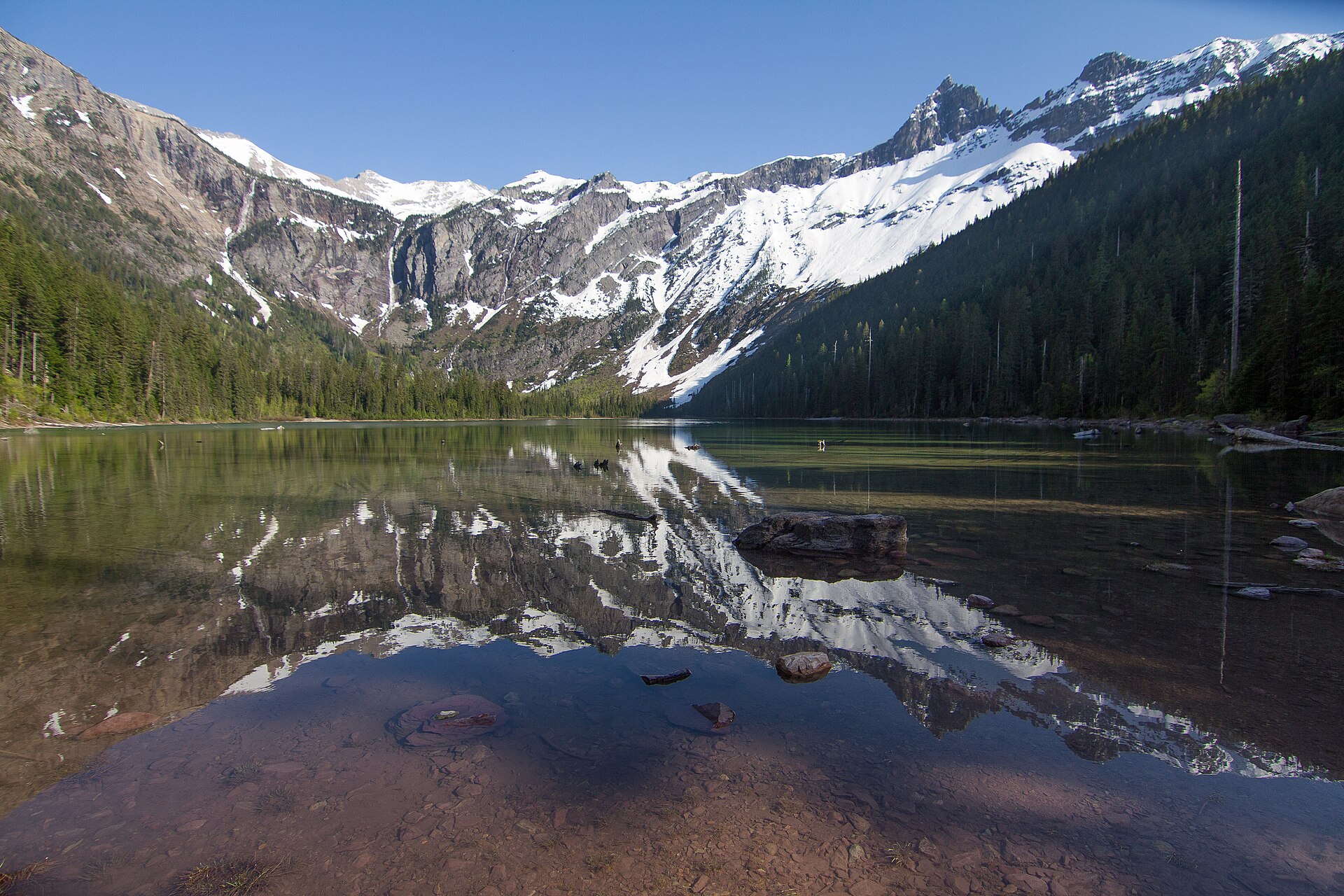Avalanche Lake backed by steep cliffs and waterfalls in Glacier National Park
