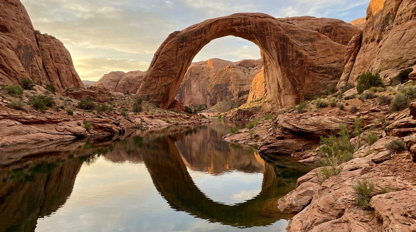 Rainbow Bridge natural arch reflected in the water at Glen Canyon