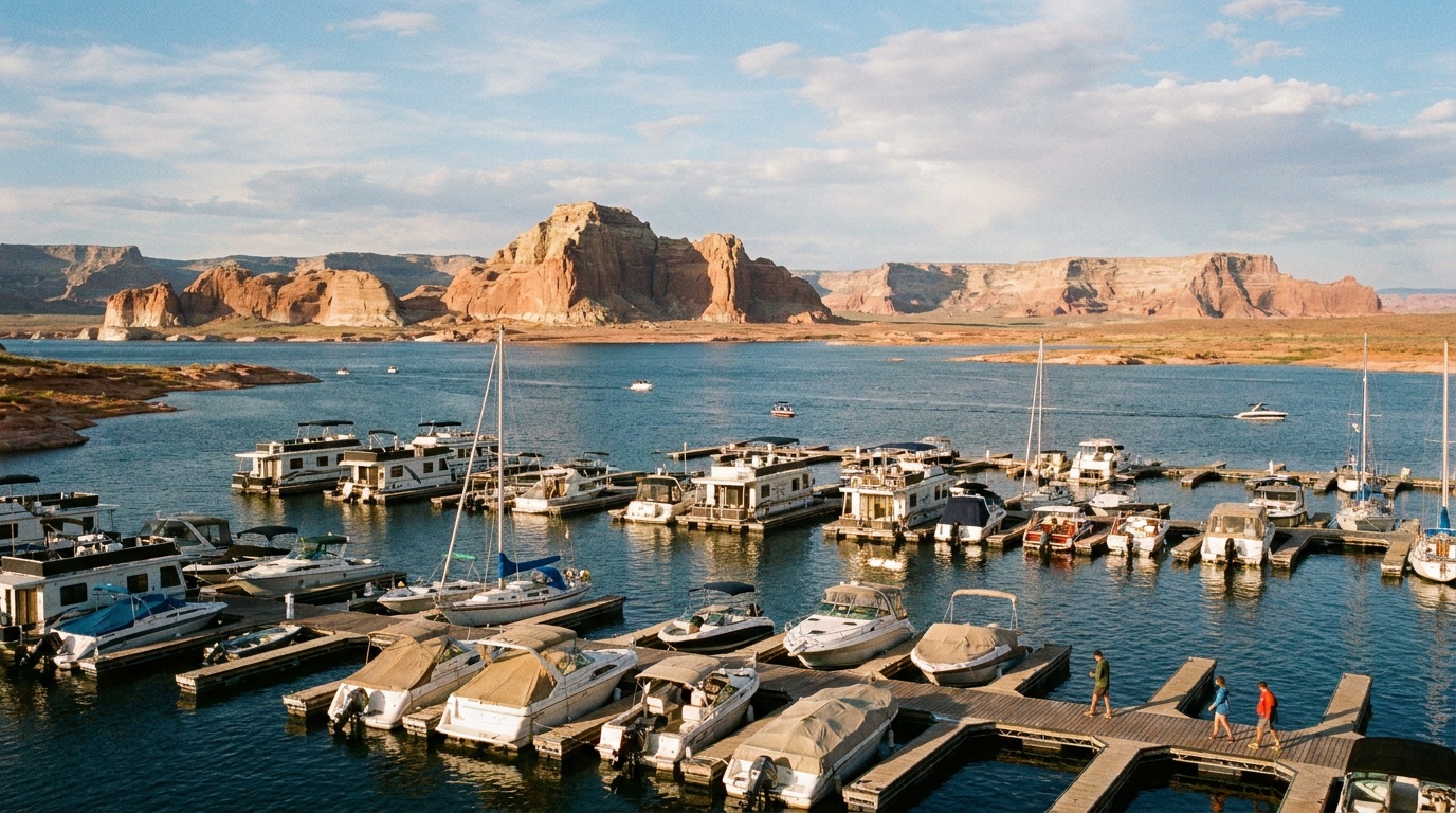 Wahweap Marina with boats and red rock near Page, Arizona
