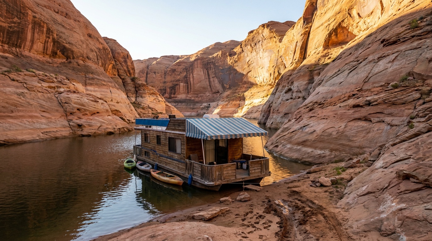 A houseboat moored in a Lake Powell side canyon below slickrock cliffs