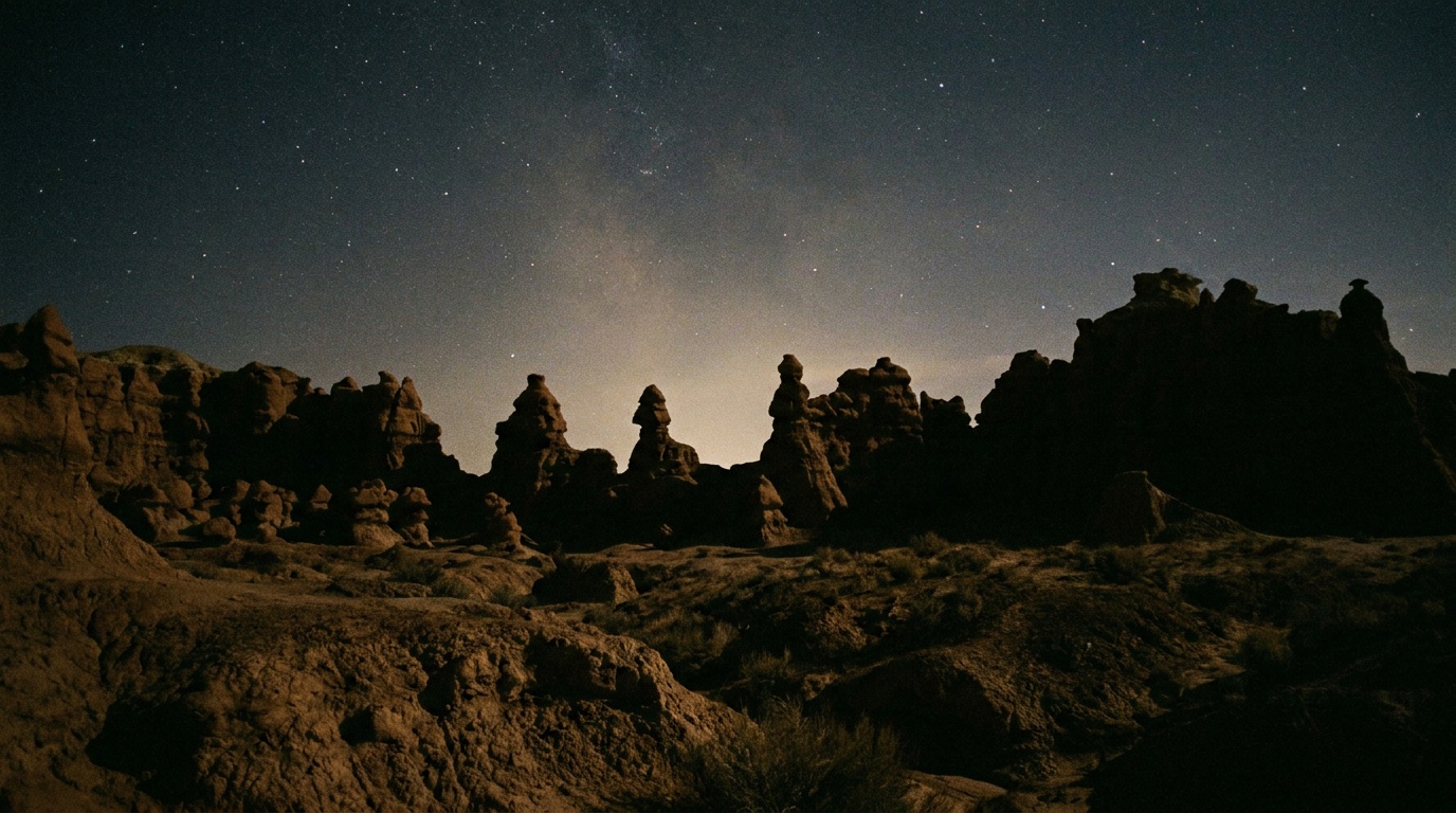 Dark-sky stars over the silhouetted goblins at Goblin Valley State Park
