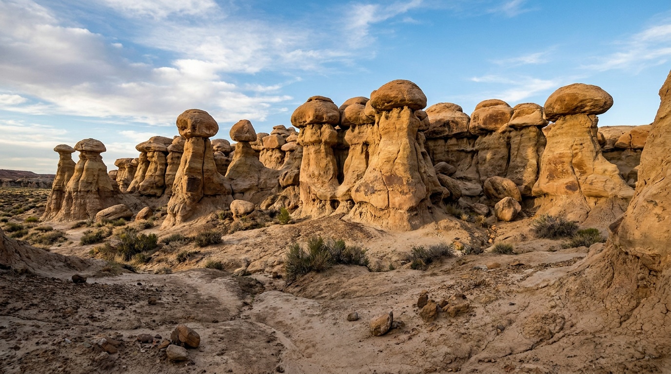 Close cluster of mushroom-shaped sandstone goblins under blue sky