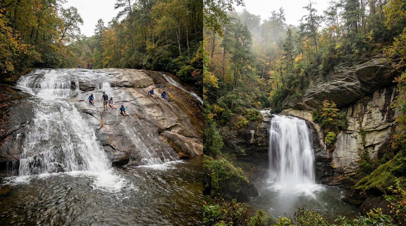 Turtleback Falls sliding cascade above Rainbow Falls