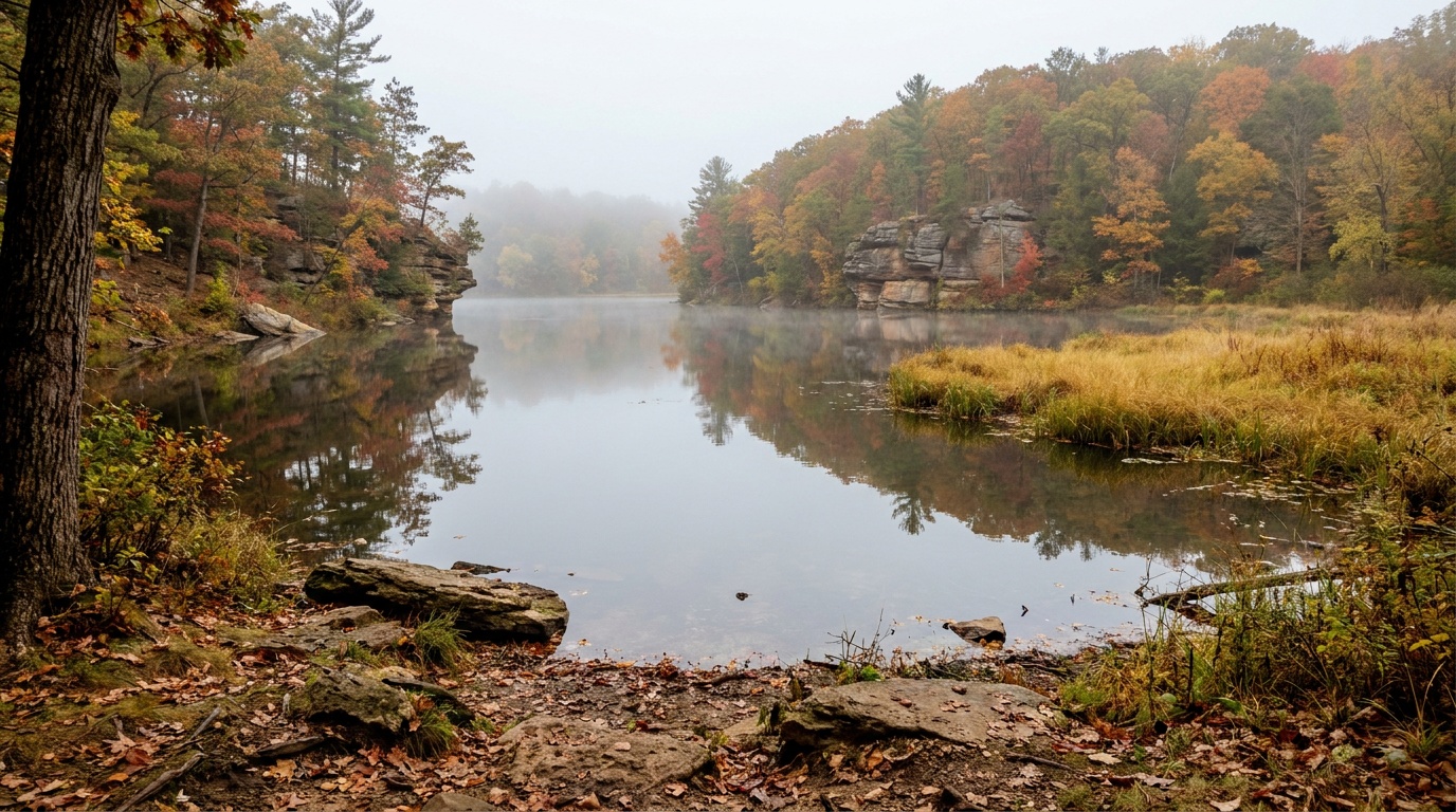 A calm Driftless-country lake at Governor Dodge ringed by wooded bluffs and prairie in early autumn, still water reflecting the colorful shoreline.