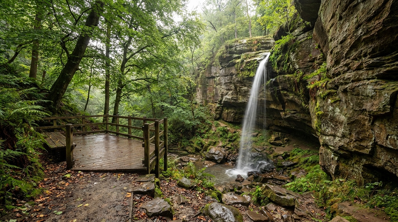 Stephens Falls, a thin spring-fed waterfall dropping over a moss-lined sandstone ledge into a cool shaded glen with a wooden viewing platform.