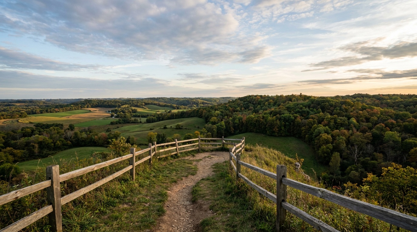 A wide Driftless bluff overlook at Governor Dodge with rolling green farmland and forest stretching to the horizon under a big sky.