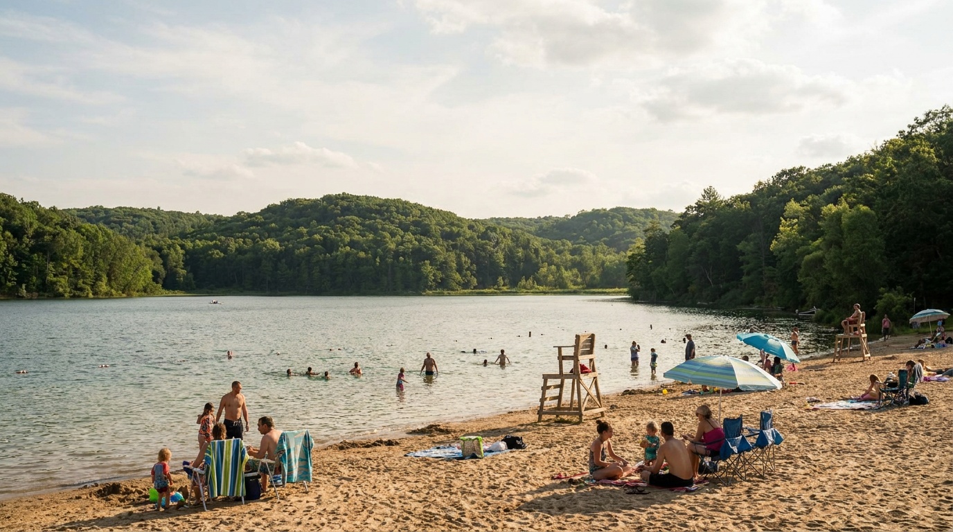 A swimming beach on Cox Hollow Lake with a sandy shore, gentle water, and forested hills behind, a summer planning-context view.