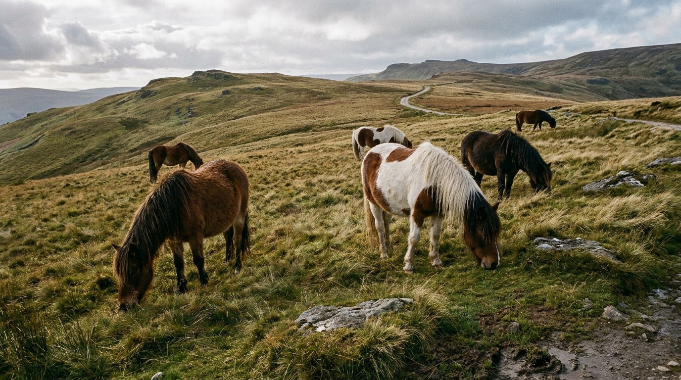 Wild ponies grazing on the open balds