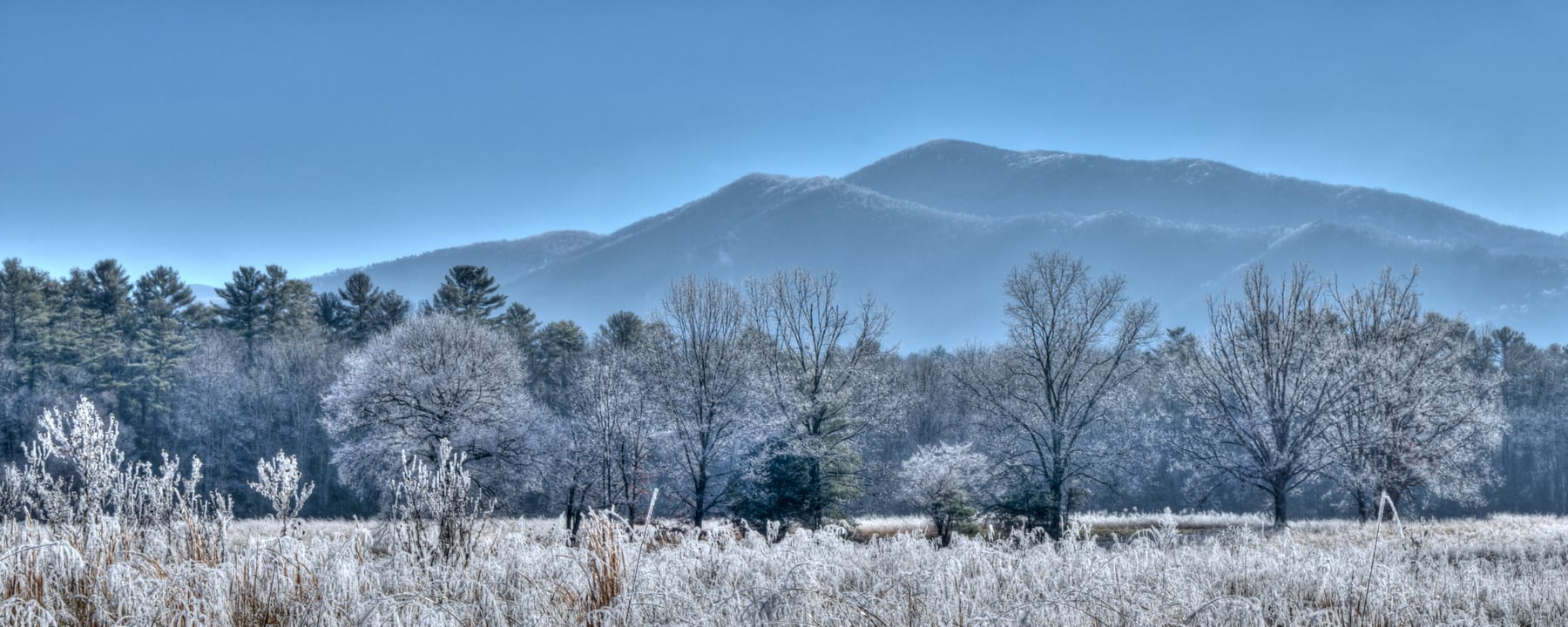 Frost covering the open fields and mountain backdrop of Cades Cove