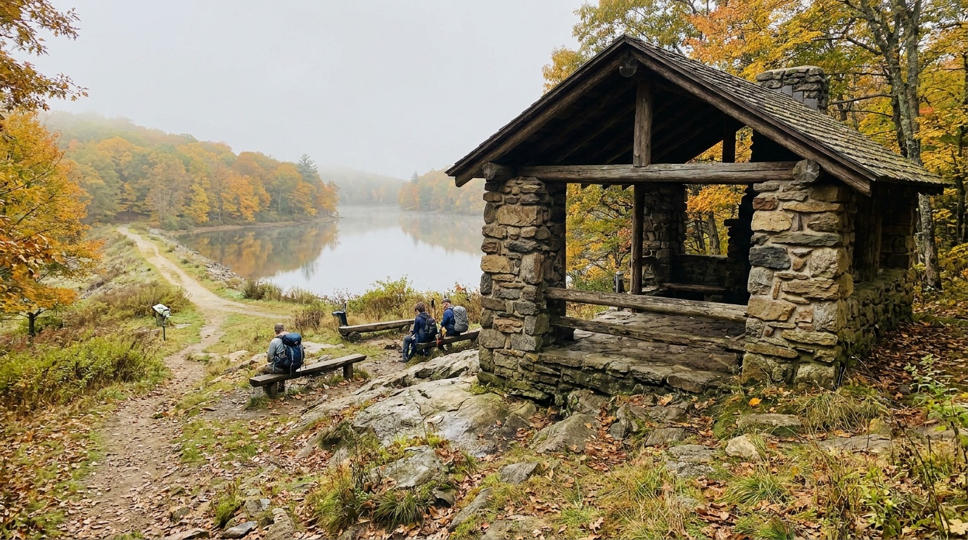 The CCC stone shelter known as the Castle above the reservoir